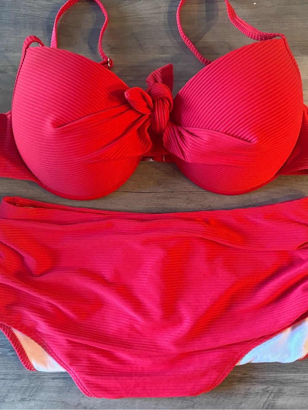 Ribbed Red Bikini Top with Front Tie and high waisted bottoms.